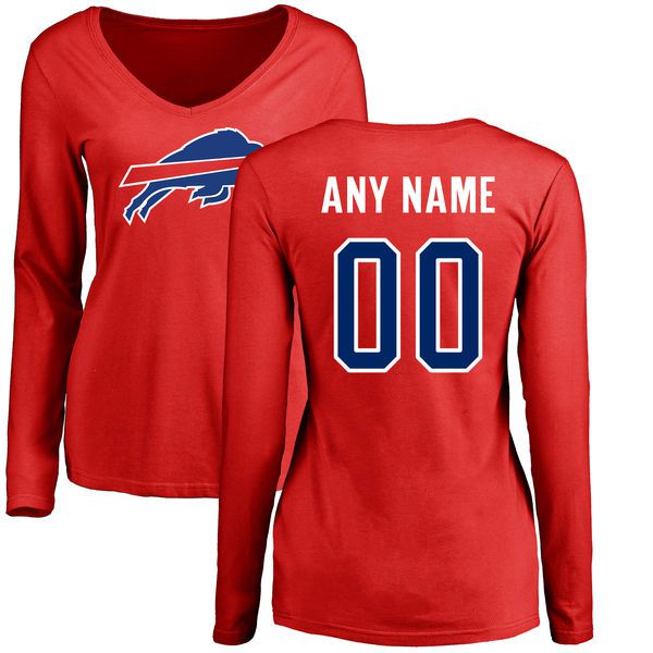 Women Buffalo Bills NFL Pro Line Red Custom Name and Number Logo Slim Fit Long Sleeve T-Shirt->nfl t-shirts->Sports Accessory